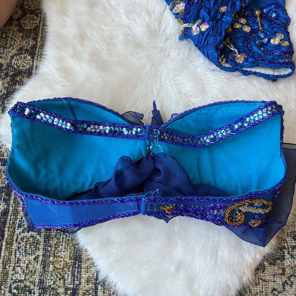 Hand Beaded Bedlah Blue Belly Dancing Costume Set Bra Top and Harem Pants